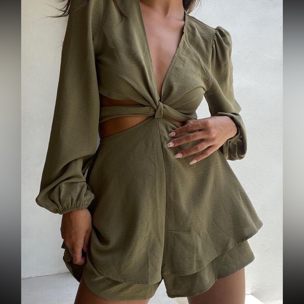 Ooh La Luxe Green Army Long Sleeve Romper Tie Cut Out